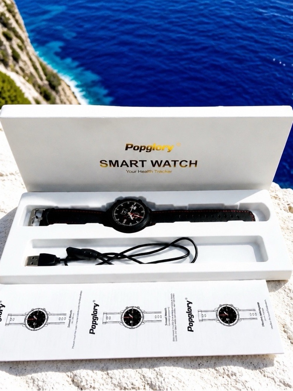 Popglory Black Smart Watch/Fitness Tracker with Leather Strap